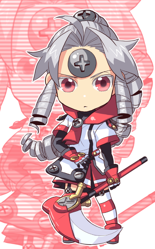 kanan (karehane), vista-tan, vistake, os-tan, chibi, drill hair, food, grey hair, long hair, red eyes, scythe, solo, steamed bun