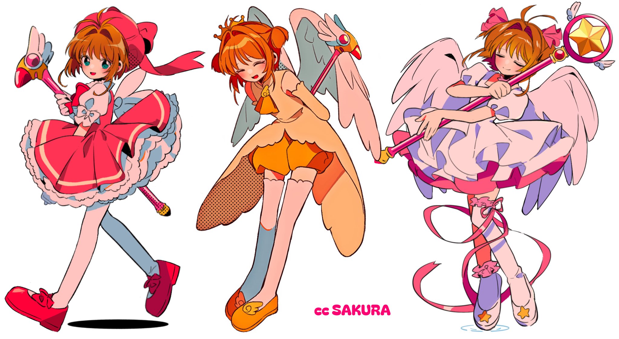 sanamaru (sana79261827), kinomoto sakura, cardcaptor sakura, highres, 1girl, brown hair, closed mouth, dress, frilled dress, frills, full body, hat, holding, holding wand, looking at viewer, multiple views, open mouth, pink dress, pink hat, pink shoes, puffy short sleeves, puffy sleeves, shoes, short sleeves, simple background, smile, thighhighs, walking, wand, white background, white thighhighs, white wings, wings