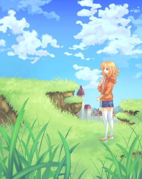 kanan (karehane), original, 1girl, blonde hair, cloud, day, female focus, food, grass, landscape, mountain, scenery, sky, solo, sportswear, steamed bun, thighhighs