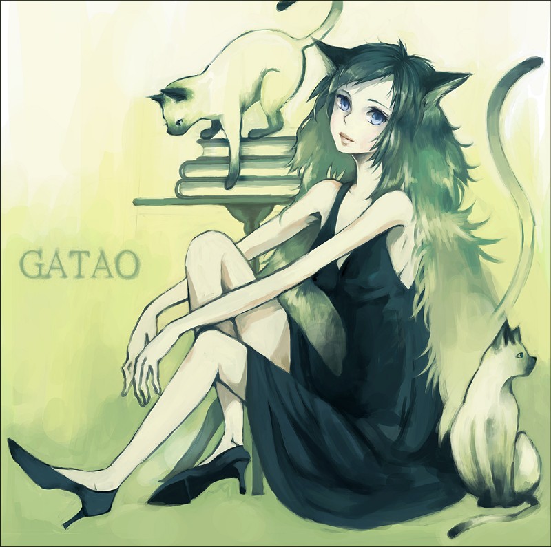 ron (mosamosa), animal ears, blue eyes, book, cat, cat ears, cat tail, dress, high heels, long hair, shoes, solo, tail