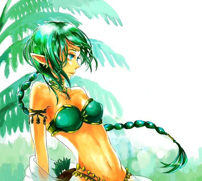 ron (mosamosa), bikini, bikini top only, blue eyes, braid, choker, earrings, elf, green bikini, green hair, jewelry, long hair, midriff, necklace, pointy ears, solo, swimsuit