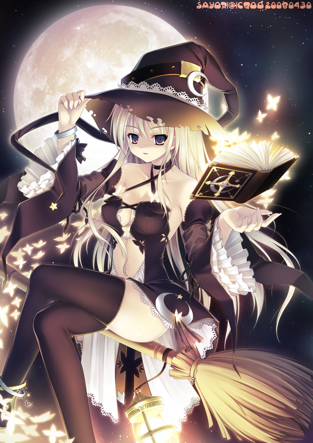 icqoo, sayori (neko works), kirisame marisa, touhou, bad id, bad pixiv id, 1girl, bare shoulders, black thighhighs, blonde hair, blue eyes, book, breasts, broom, broom riding, cleavage, crossed legs, female focus, full moon, hat, legs, long hair, midriff, moon, night, sidesaddle, sitting, solo, thighhighs, witch, witch hat, zettai ryouiki