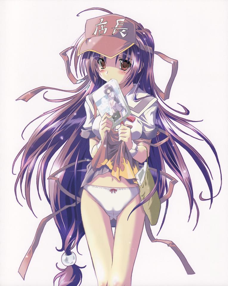 komatsu eiji, iriya kana, anime tenchou, iriya no sora ufo no natsu, visor, 00s, 1girl, female focus, hair spread out, long hair, low-tied long hair, mouth hold, panties, purple hair, solo, underwear, visor cap