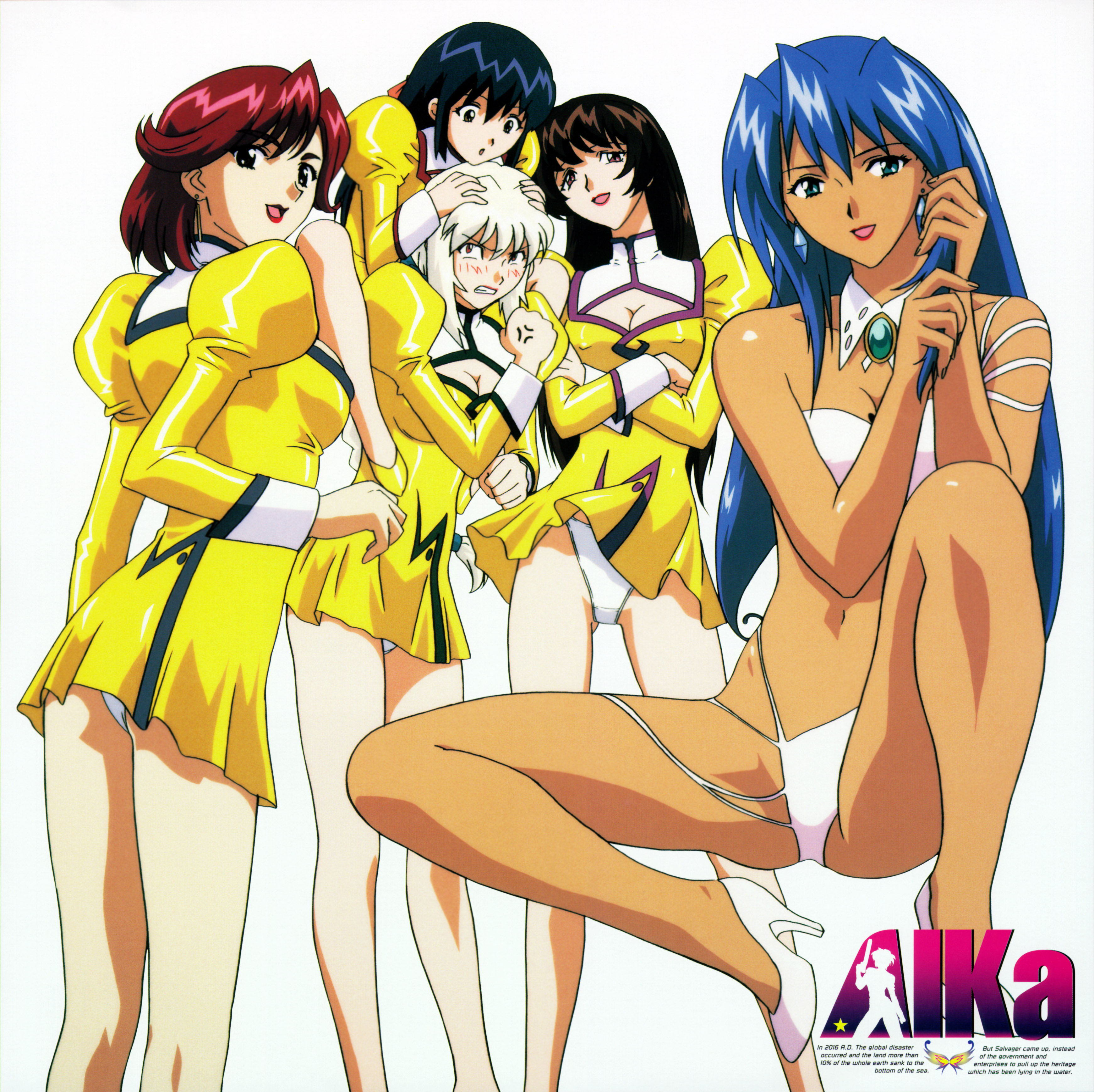 bianca (agent aika), delmo, golden delmos, petoriyacowa rie, sania, sumeragi aika, tonia, agent aika, aika (series), absurdres, highres, scan, tagme, 1990s (style), 5girls, black eyes, blonde hair, blue eyes, blue hair, breasts, brooch, brown eyes, brown hair, cleavage, dark skin, dress, dual persona, gold delm, gold delmo, jewelry, loli, multiple girls, panties, red eyes, red hair, retro artstyle, skin tight, tan, ultranate, underwear, white hair