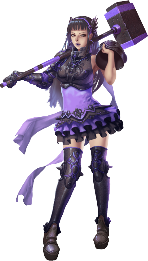 crystal maiden (series), artist request, game cg, official art, variant set, 1girl, asymmetrical sleeves, bracelet, breasts, earrings, full body, hammer, headband, holding, holding hammer, holding weapon, jewelry, kade (crystal maidens), long hair, looking at viewer, over shoulder, purple hair, purple lips, red eyes, skirt, solo, spikes, transparent background, weapon, weapon over shoulder