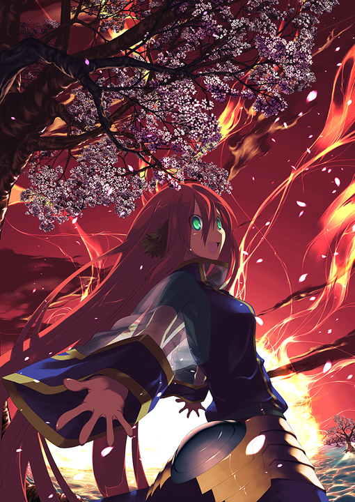 midori no ruupe, original, animal ears, cherry blossoms, green eyes, long hair, red hair, sky, solo, sunset