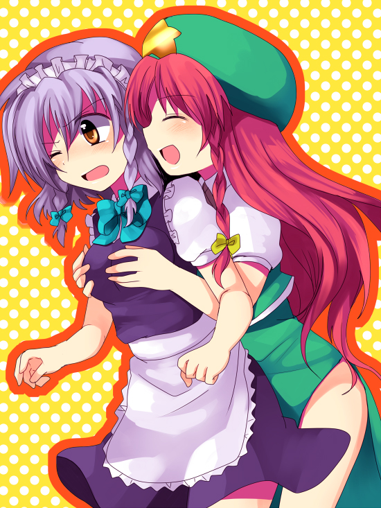 subaru (yachika), hong meiling, izayoi sakuya, embodiment of scarlet devil, touhou, 2girls, braid, breasts, female focus, grabbing another's breast, groping, hat, maid, multiple girls, red hair, yuri