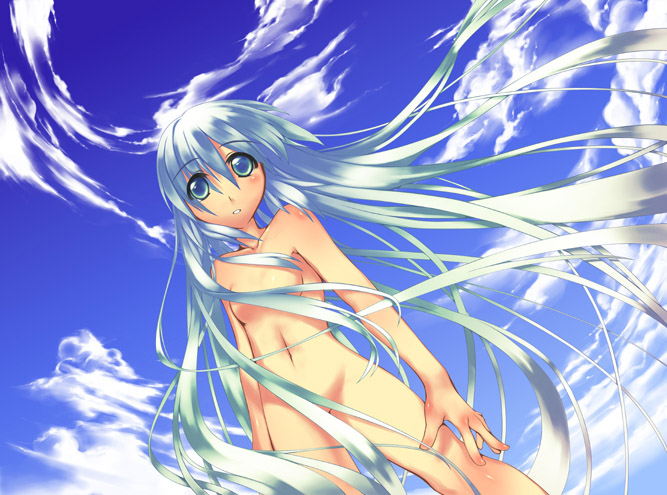 midori no ruupe, original, bad id, bad pixiv id, 1girl, blue eyes, blue hair, censored, cloud, convenient censoring, day, female focus, from below, long hair, matching hair/eyes, navel, nude, parted lips, sky, solo, very long hair