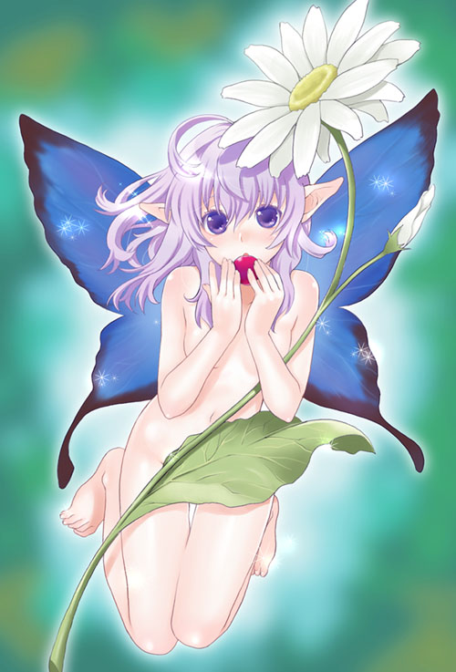 mattaku mousuke, original, 1girl, barefoot, butterfly wings, fairy, female focus, flower, insect wings, nude, pointy ears, purple eyes, purple hair, solo, wings