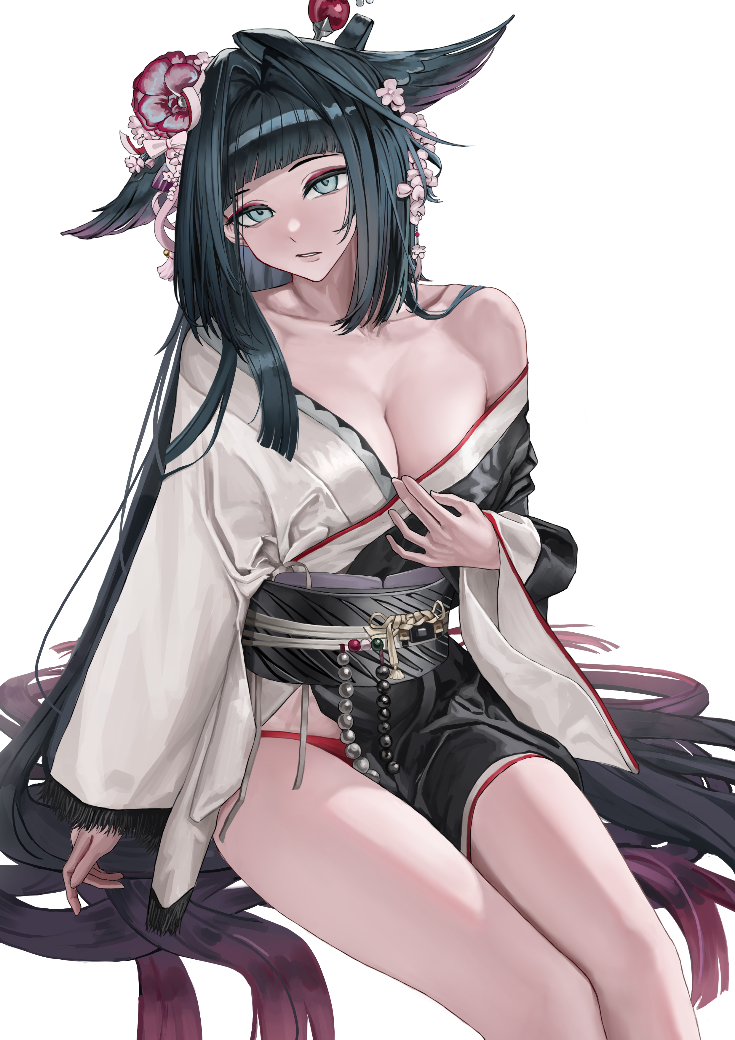 khione (yukhione), mio (arknights), arknights, absurdres, highres, 1girl, absurdly long hair, black kimono, black sash, blunt bangs, blush, breasts, cleavage, flower, green eyes, green hair, green wings, hair flower, hair intakes, hair ornament, head wings, japanese clothes, kimono, large breasts, long hair, looking at viewer, multicolored kimono, obi, open mouth, panties, pink flower, red flower, red panties, sash, sidelocks, single bare shoulder, solo, underwear, very long hair, white kimono, wings