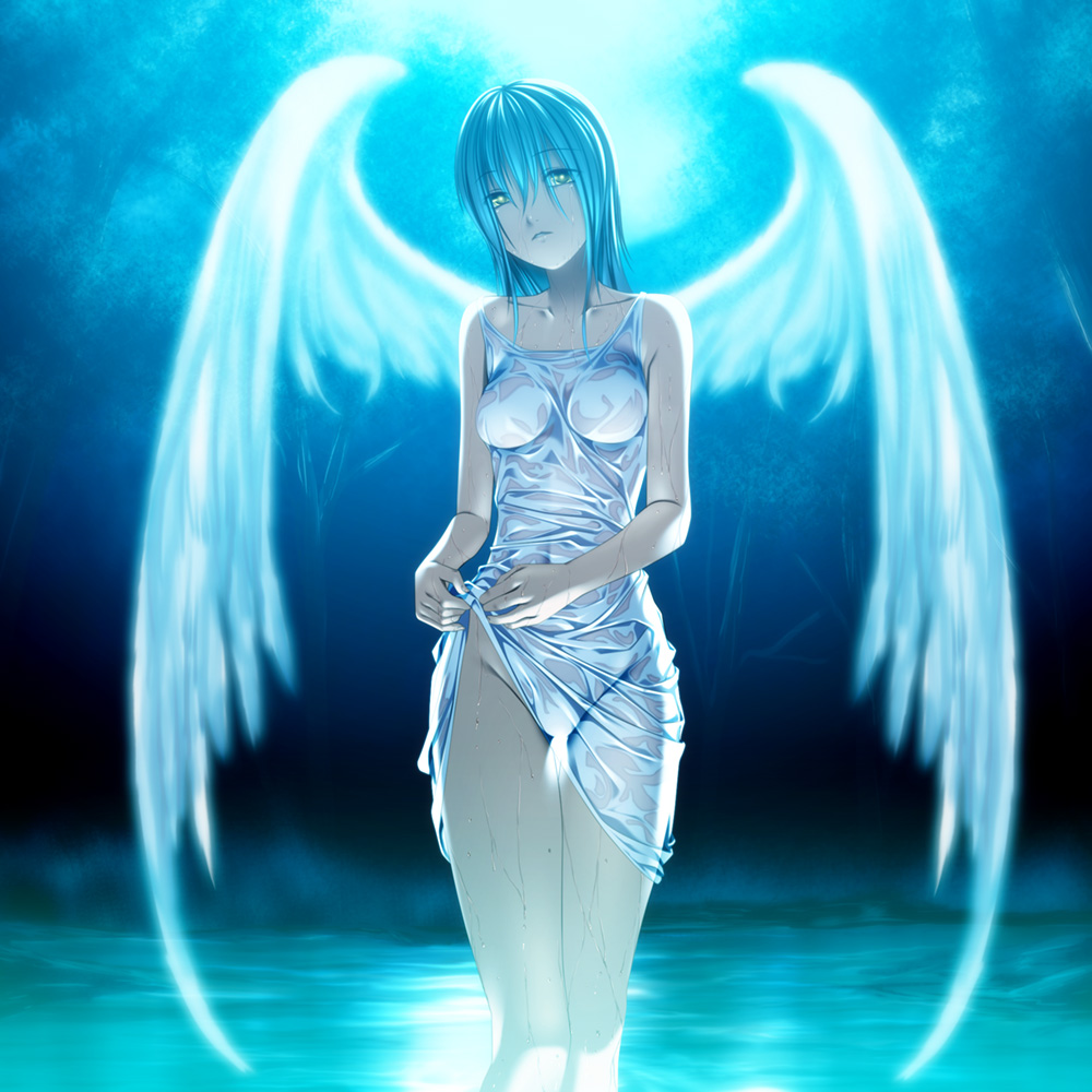 rezi, original, bad id, bad pixiv id, 1girl, angel, angel wings, blue hair, blue theme, breasts, brown eyes, cleavage, collarbone, eyes visible through hair, female focus, green eyes, lips, no bra, no panties, outdoors, see-through clothes, shiny clothes, short hair, solo, thigh gap, thighs, water, wet, wet clothes, wings