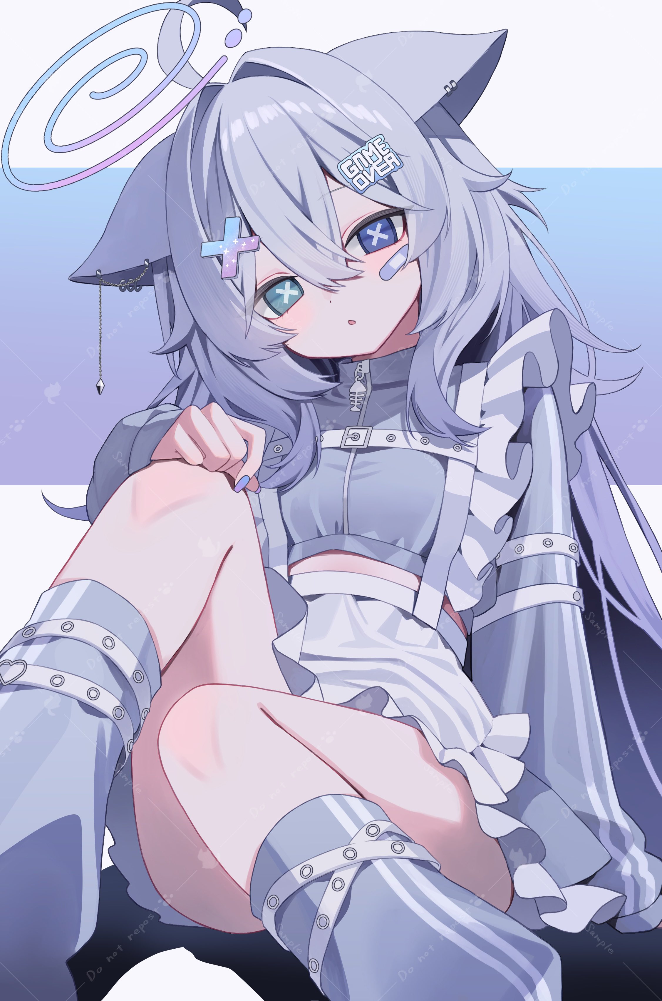 squallea, original, absurdres, commission, highres, skeb commission, 1girl, animal ears, apron, bandaid, bandaid on face, cross hair ornament, ear piercing, frilled apron, frills, grey hair, grey skirt, hair between eyes, hair ornament, halo, heterochromia, jacket, long sleeves, looking at viewer, maid, nail polish, piercing, purple eyes, skirt, solo, unconventional maid, waist apron, white apron, x hair ornament, zipper pull tab