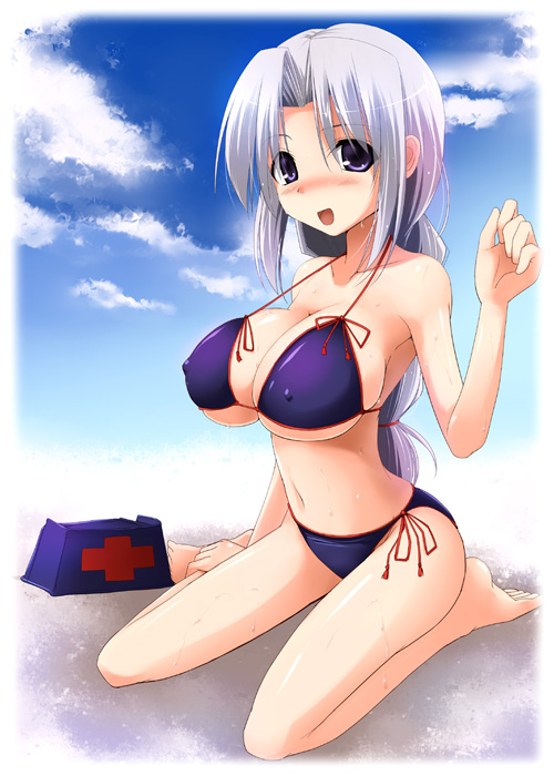 kurikara, yagokoro eirin, touhou, silver hair, 1girl, barefoot, bikini, blue eyes, blush, breasts, cleavage, cloud, covered erect nipples, day, female focus, kneeling, large breasts, side-tie bikini bottom, sitting, solo, swimsuit, wariza