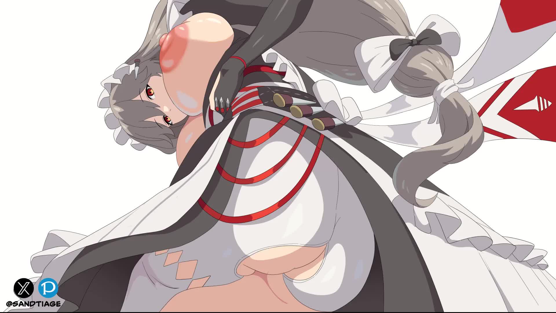 sandtiage, alexandrina sebastiane, zenless zone zero, animated, tagme, video, 1girl, anus, black gloves, breasts, dress, elbow gloves, gloves, grey hair, hair between eyes, hair ribbon, half-closed eyes, large areolae, long hair, looking at viewer, maid, maid headdress, nipples, panties, pantyhose, partially fingerless gloves, puffy nipples, pussy, red eyes, ribbon, simple background, solo, spread pussy, uncensored, underwear, very long hair, white background, white panties