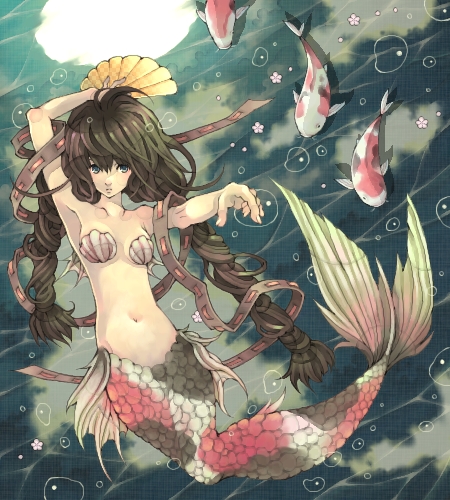 shabon, original, bad id, bad pixiv id, lowres, 1girl, armpits, bikini, braid, brown hair, bubble, female focus, fins, fish, flower, folding fan, hand fan, koi, long hair, mermaid, midriff, monster girl, parted lips, reaching, reaching towards viewer, scales, shell, shell bikini, solo, twin braids, underwater
