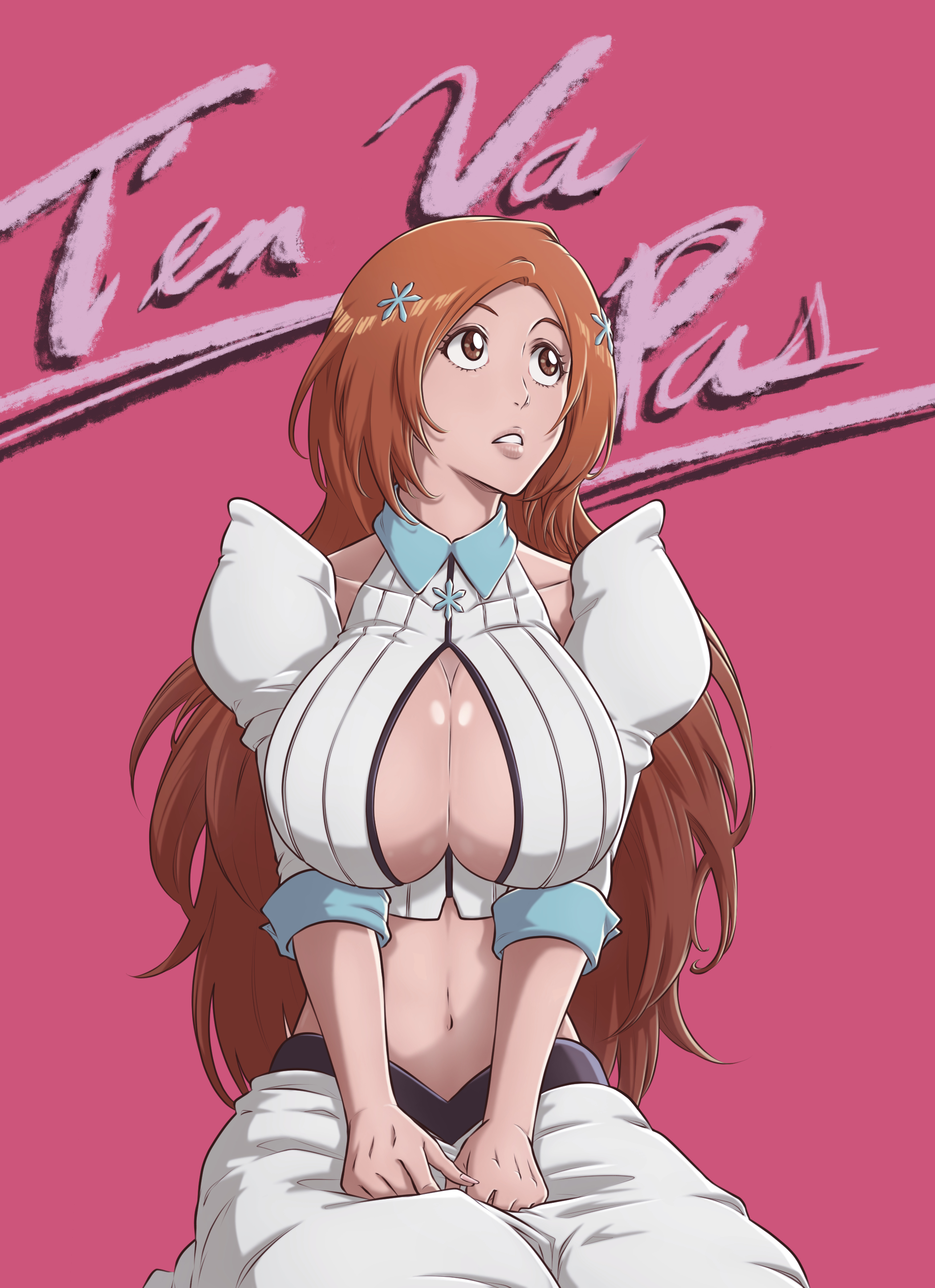 inoue orihime, bleach, bleach: sennen kessen-hen, tagme, 1girl, breasts, cleavage, cleavage cutout, clothing cutout, detached sleeves, hair ornament, large breasts, looking to the side, midriff, orange hair, simple background
