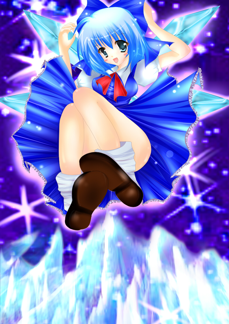 rika-tan (rikatantan), cirno, embodiment of scarlet devil, touhou, bad id, bad pixiv id, 1girl, brown shoes, female focus, shoes, smile, solo