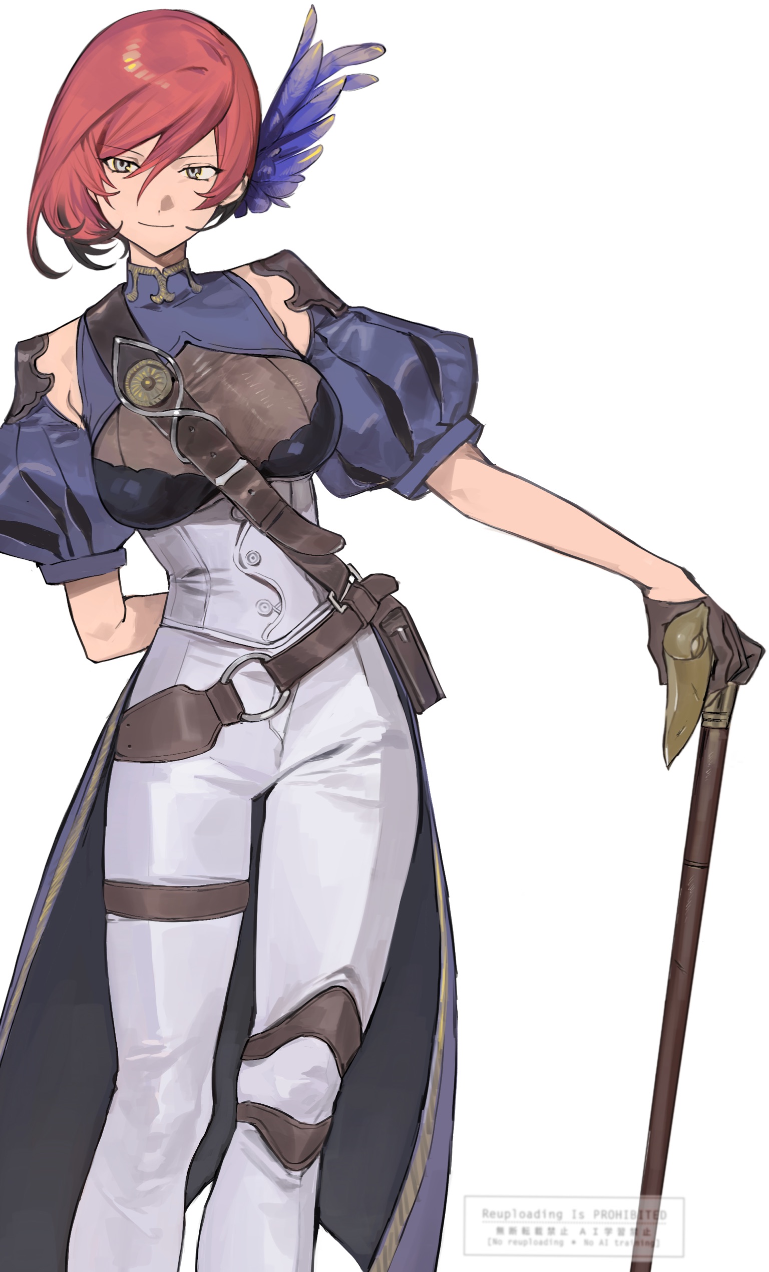 hashibiro kou (garapiko p), original, absurdres, commentary, highres, symbol-only commentary, 1girl, arm behind back, belt, breasts, cane, closed mouth, corset, feather hair ornament, feathers, grey eyes, hair between eyes, hair ornament, holding, holding cane, large breasts, looking at viewer, pants, pouch, puffy short sleeves, puffy sleeves, red hair, short hair, short sleeves, simple background, smile, solo, standing, watermark, white background, white corset, white pants