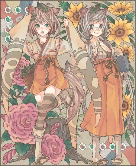 shabon, original, striped legwear, bad id, bad pixiv id, 2girls, animal ears, flower, fox ears, glasses, japanese clothes, kimono, kitsune, leaf, leaf on head, multiple girls, raccoon ears, smile, striped clothes, striped thighhighs, sunflower, tail, tanuki, thighhighs, yukata