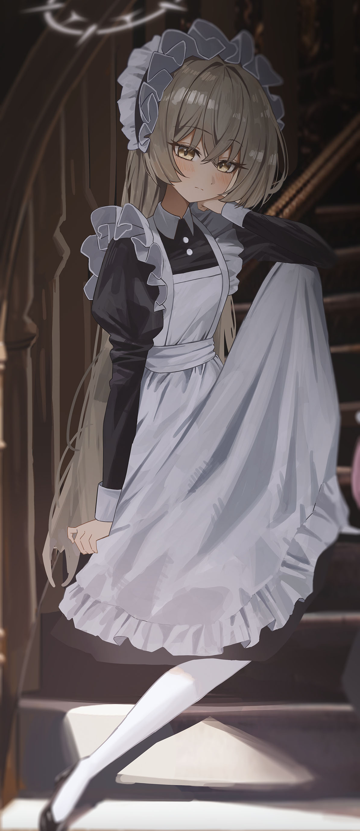 nagisa (blue archive), blue archive, absurdres, highres, 1girl, alternate costume, apron, black dress, black shoes, blonde hair, blush, closed mouth, crossed bangs, dress, hair between eyes, halo, high heels, long hair, looking at viewer, maid, maid apron, maid headdress, pantyhose, shoes, sidelocks, sitting, sitting on stairs, solo, stairs, sweetcho, white apron, white halo, white pantyhose, yellow eyes