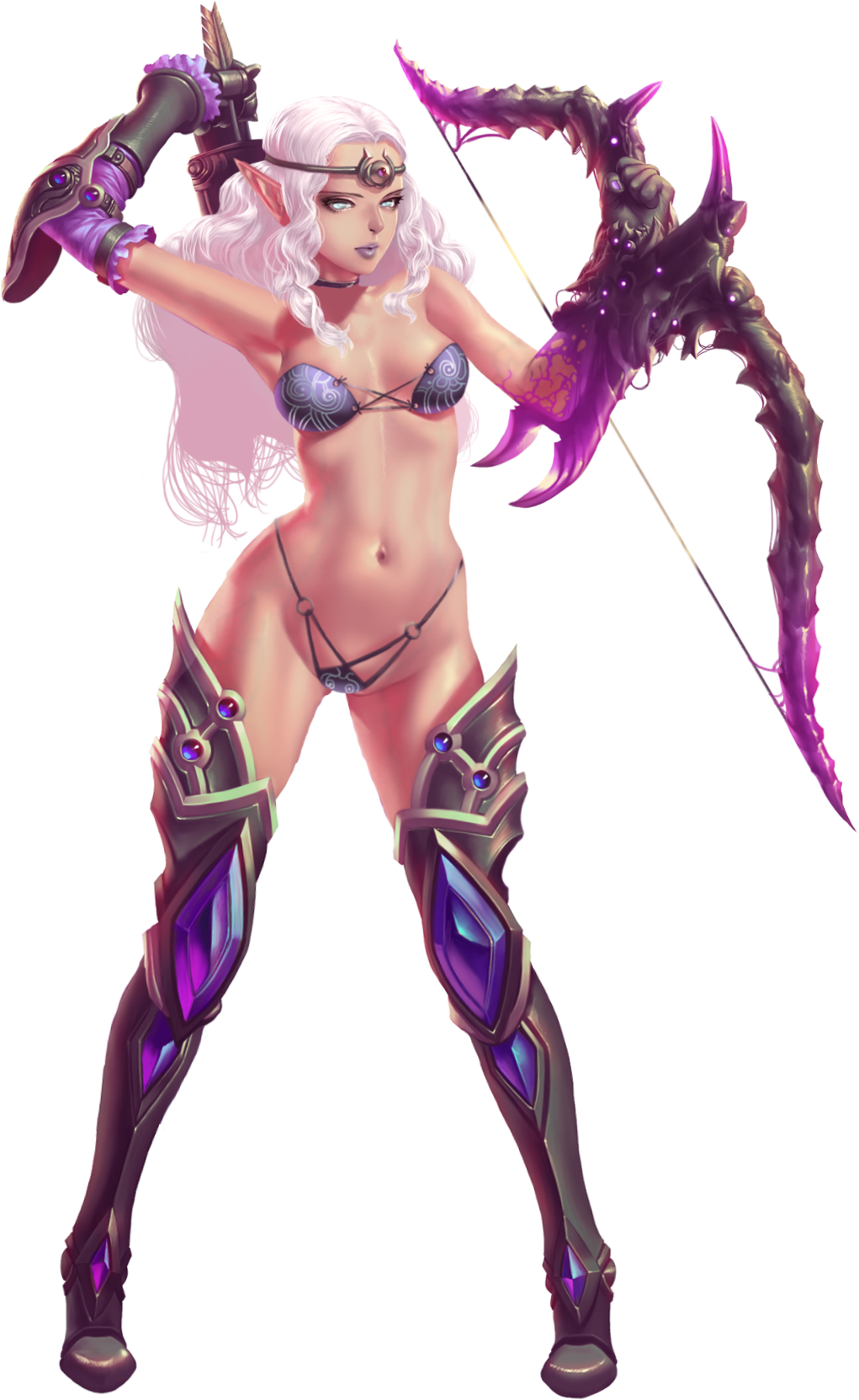 crystal maiden (series), artist request, game cg, highres, official art, variant set, 1girl, armor, arrow (projectile), artistic error, bare hips, bare shoulders, bikini armor, blue eyes, bow (weapon), bra, breasts, cleavage, elf, full body, gloves, groin, holding, holding arrow, holding bow (weapon), holding weapon, ivory (crystal maidens), leg armor, micro panties, navel, panties, pointy ears, purple lips, quiver, revealing clothes, solo, transparent background, underwear, weapon, white hair