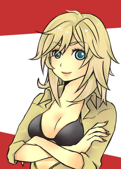 mayuzumi, eva (metal gear), metal gear (series), metal gear solid, metal gear solid 3: snake eater, 1girl, blonde hair, blue eyes, bra, crossed arms, female focus, lingerie, open clothes, open shirt, shirt, sleeves rolled up, smile, solo, underwear