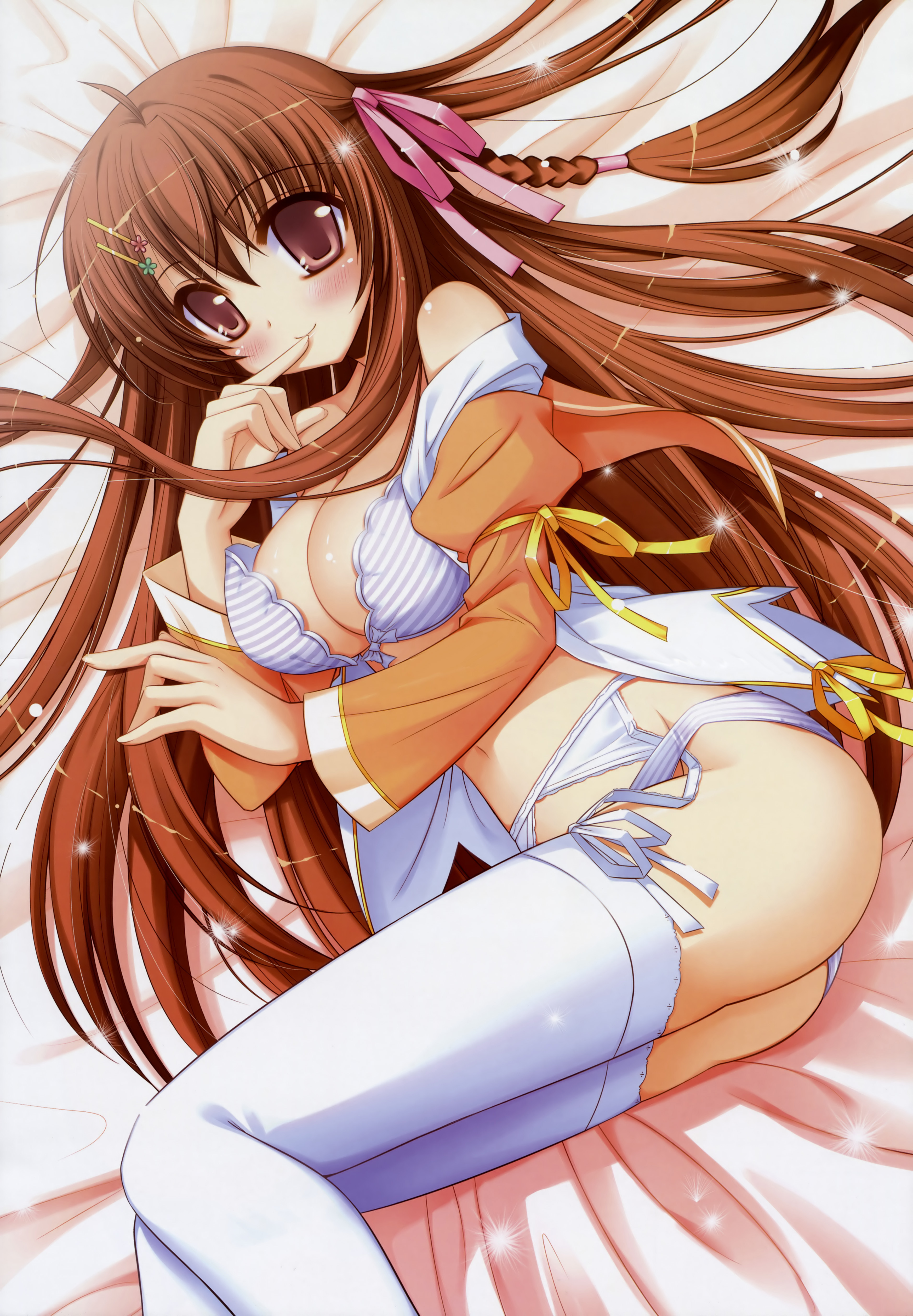 inugahora an, ichinose yuuka, tsunagaru bangle, absurdres, highres, 1girl, bed, blush, bra, breasts, brown hair, cleavage, female focus, garter belt, large breasts, lingerie, long hair, lying, panties, red eyes, ribbon, solo, striped bra, striped clothes, striped panties, thighhighs, underwear, white thighhighs