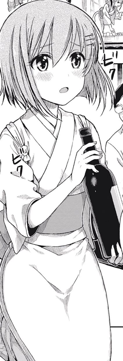 hara tsumoi, kono shima ni wa midara de jaaku na mono ga sumu, highres, non-web source, 1girl, beer bottle, cowboy shot, flat chest, furrowed brow, hair ornament, hairclip, holding, japanese clothes, kimono, open mouth, seiza, short hair, sitting, yoruto umi