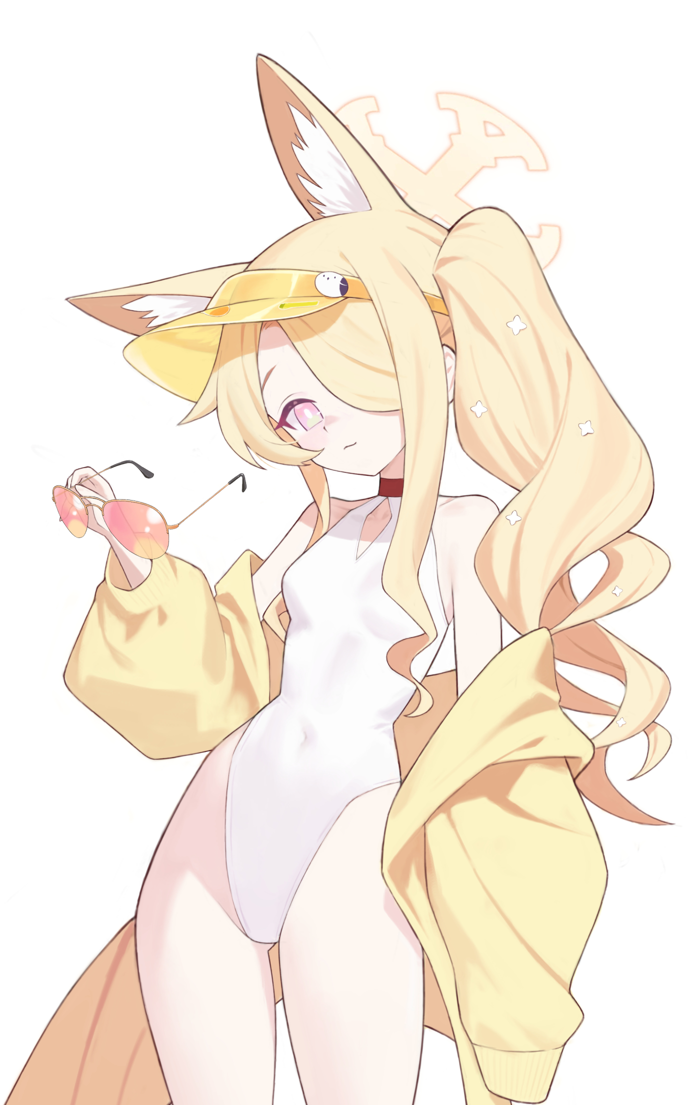 potatoy, seia (blue archive), seia (swimsuit) (blue archive), blue archive, highres, 1girl, animal ear fluff, animal ears, blonde hair, breasts, fox ears, fox tail, halo, holding, holding removed eyewear, looking at viewer, official alternate costume, small breasts, solo, sunglasses, tail, unworn eyewear, yellow halo