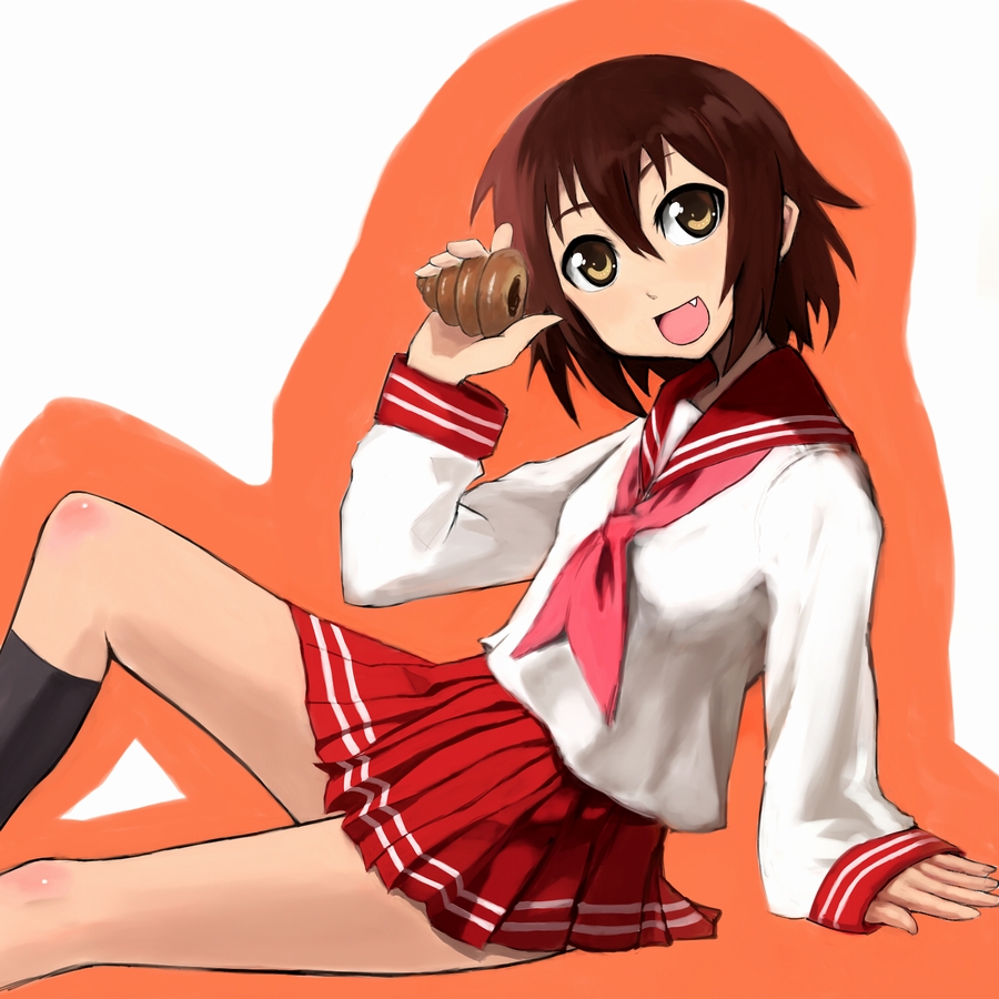 beni-syoga, kusakabe misao, lucky star, bad id, bad pixiv id, 00s, brown eyes, brown hair, fang, school uniform, serafuku, short hair, solo