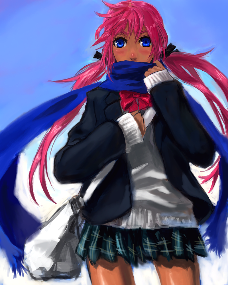 beni-syoga, original, bad id, bad pixiv id, blue eyes, dark-skinned female, dark skin, long hair, pink hair, scarf, school uniform, serafuku, solo, twintails