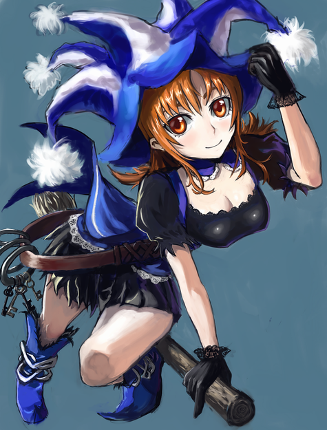 beni-syoga, bad id, bad pixiv id, 1girl, blue boots, blue hat, boots, broom, broom riding, brown hair, detached collar, female focus, gloves, hat, long hair, orange eyes, sidesaddle, simple background, smile, solo, white hat, witch