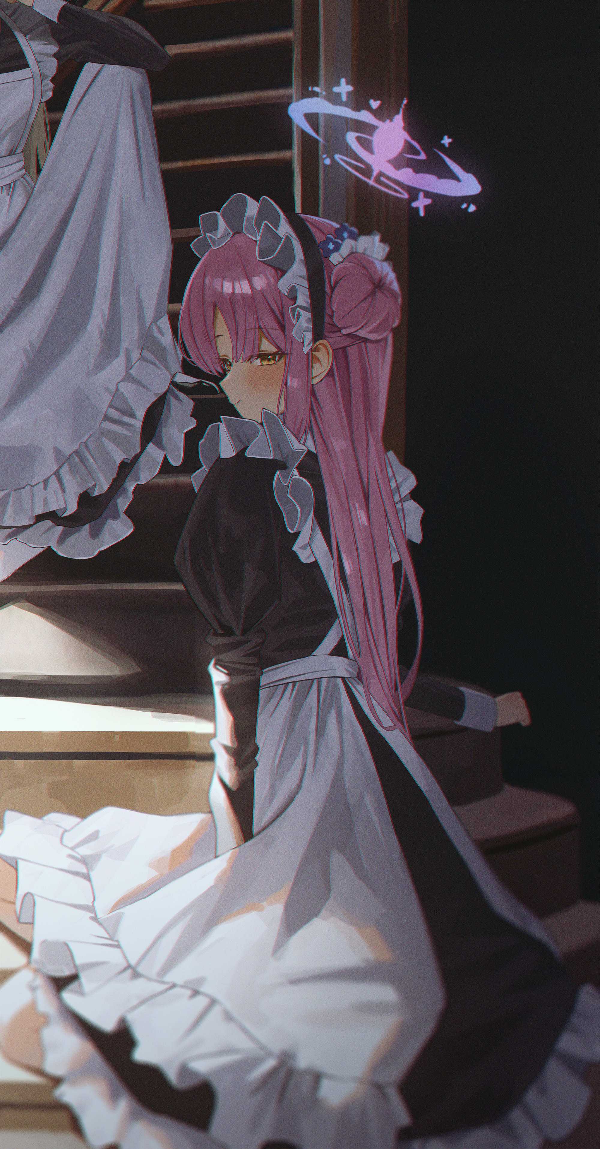 mika (blue archive), nagisa (blue archive), blue archive, absurdres, highres, 2girls, alternate costume, apron, black dress, blonde hair, blush, closed mouth, dress, hair between eyes, hair bun, hair ornament, hair scrunchie, halo, long hair, maid, maid apron, maid headdress, multiple girls, pink hair, purple halo, scrunchie, sidelocks, single side bun, sitting, sitting on stairs, smile, stairs, sweetcho, white scrunchie, yellow eyes