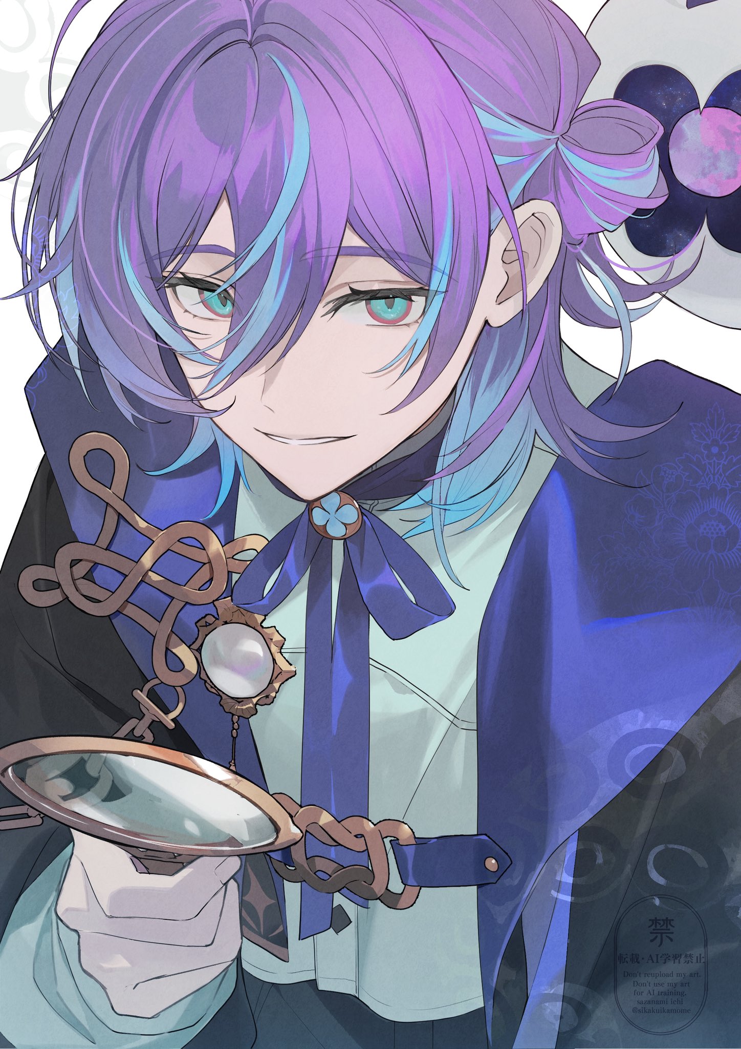 sikakuikamome, hoshirube sho, otomo (hoshirube sho), nijisanji, highres, 1boy, black jacket, blue hair, blue streaks, english text, grin, hair between eyes, hair intakes, holding, jacket, looking at viewer, male focus, medium hair, purple hair, shirt, smile, solo, teeth, upper body, virtual youtuber, watermark, white background, white shirt