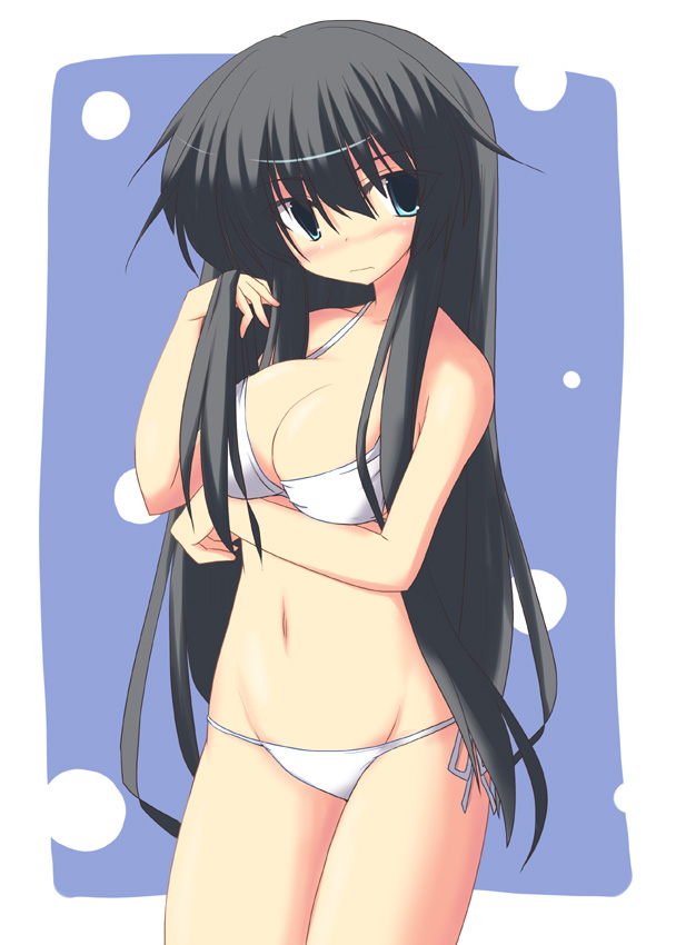 kugui kiyunemu, original, 1girl, bikini, black hair, blush, breasts, cleavage, female focus, large breasts, long hair, navel, side-tie bikini bottom, simple background, solo, swimsuit, very long hair, white bikini