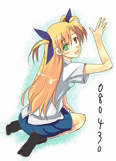 boshinote, vivio, lyrical nanoha, mahou shoujo lyrical nanoha, mahou shoujo lyrical nanoha strikers, 00s, 1girl, against wall, black socks, blue skirt, female focus, from behind, full body, green eyes, kneehighs, long hair, looking at viewer, looking back, pleated skirt, red eyes, simple background, skirt, socks, solo, very long hair, white background