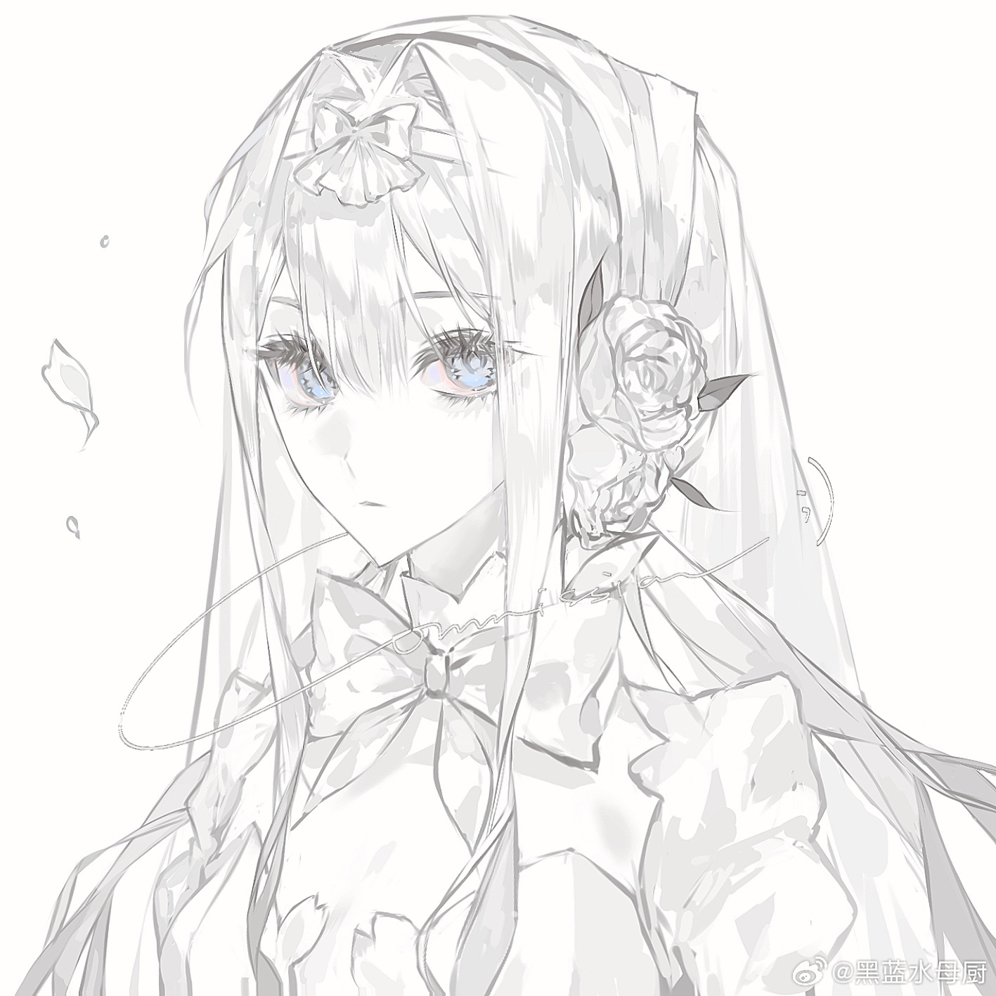 original, highres, 1girl, blue eyes, bow, bowtie, breasts, cleavage, cleavage cutout, clothing cutout, dress, falling petals, flower, greyscale, hair between eyes, hair bow, hair flower, hair intakes, hair ornament, hairband, heilanshuimuchu, juliet sleeves, long hair, long sleeves, monochrome, petals, puffy sleeves, rose, simple background, solo, spot color, upper body, white background, white bow, white dress, white flower, white hair, white hairband, white rose