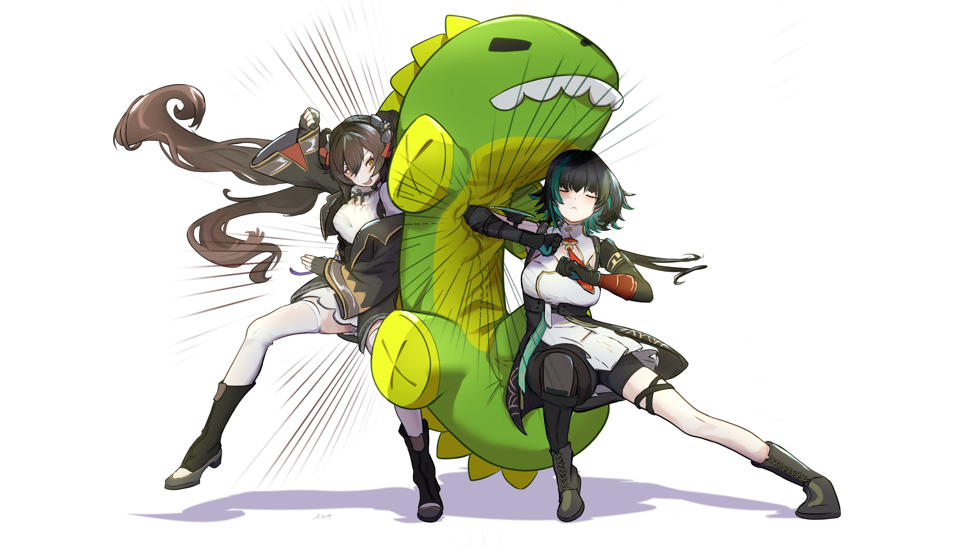 lotan, jiangyu (girls' frontline 2), mr. pizza (girls' frontline 2), type 97 (girls' frontline), zhaohui (girls' frontline 2), girls' frontline, girls' frontline 2: exilium, absurdres, chinese commentary, commentary request, highres, 2girls, :<, asymmetrical legwear, black boots, black gloves, black hair, boots, brown boots, brown hair, chinese clothes, closed eyes, closed mouth, elbow strike, fingerless gloves, full body, gloves, green hair, long hair, martial arts, multicolored hair, multiple girls, open mouth, simple background, smile, stuffed animal, stuffed toy, thighhighs, twintails, two-tone hair, white background, white thighhighs
