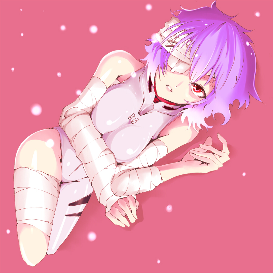 kasai shin, ayanami rei, neon genesis evangelion, 1girl, asymmetrical clothes, bandage over one eye, bandages, blue hair, eyepatch, female focus, lying, mecha pilot suit, pale skin, plugsuit (evangelion), red eyes, short hair, single pantsleg, skin tight, solo