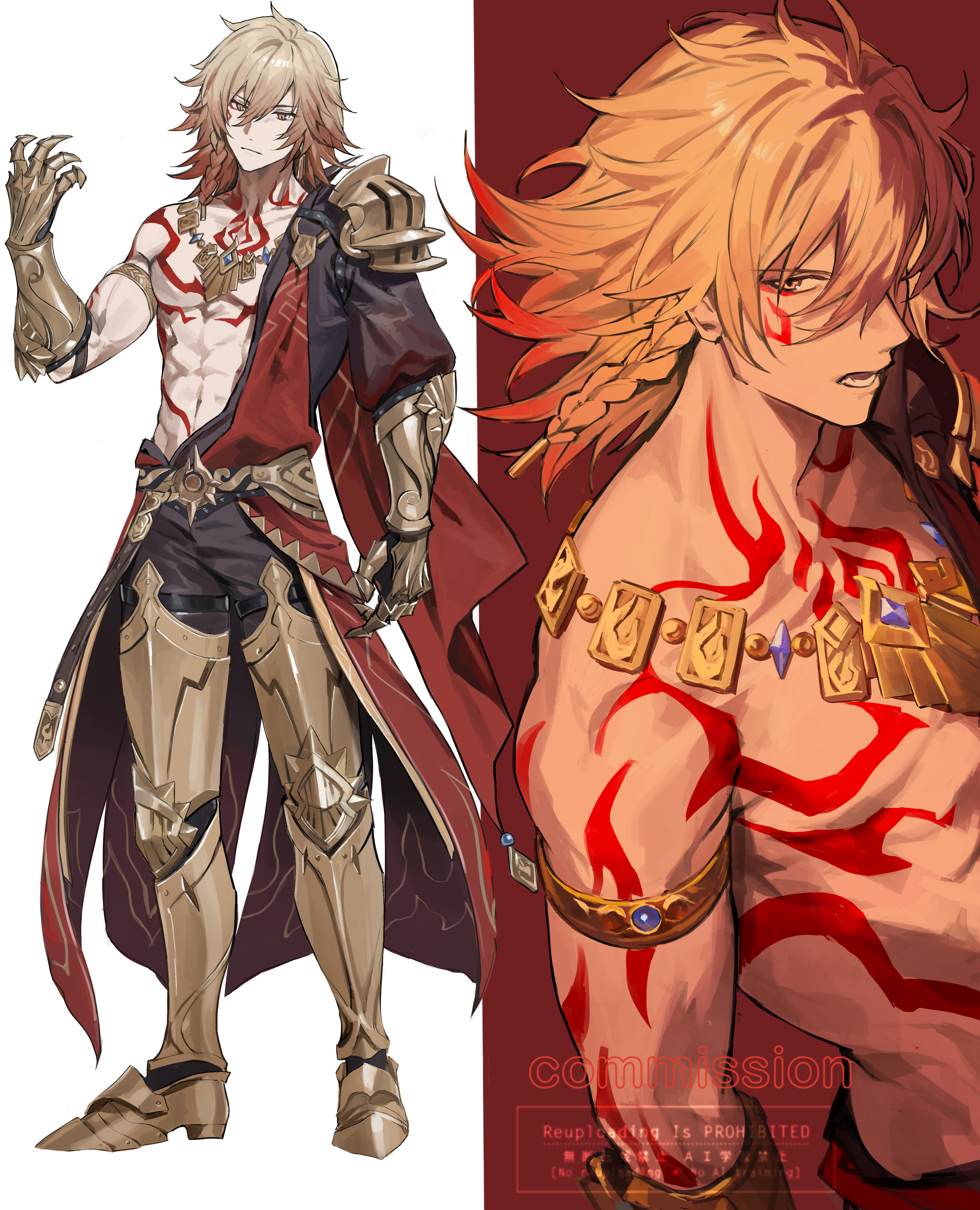 hashibiro kou (garapiko p), mydei (honkai: star rail), honkai: star rail, honkai (series), absurdres, commentary request, commission, highres, skeb commission, 1boy, abs, armor, armored boots, artist name, bare pectorals, belt, black coat, blonde hair, boots, braid, cape, chest tattoo, clawed gauntlets, coat, earrings, facial tattoo, gold earrings, gold necklace, gradient hair, hair between eyes, hand up, jewelry, male focus, medium hair, multicolored hair, multiple views, necklace, open clothes, open coat, pauldrons, pectorals, red cape, red hair, red tattoo, shoulder armor, side braid, single pauldron, tattoo, toned, toned male, watermark, yellow eyes