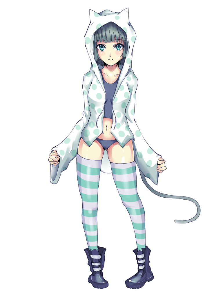 kasai shin, animal ears, animal hood, blue eyes, cat hood, hood, panties, short hair, solo, striped clothes, striped thighhighs, tail, thighhighs, underwear
