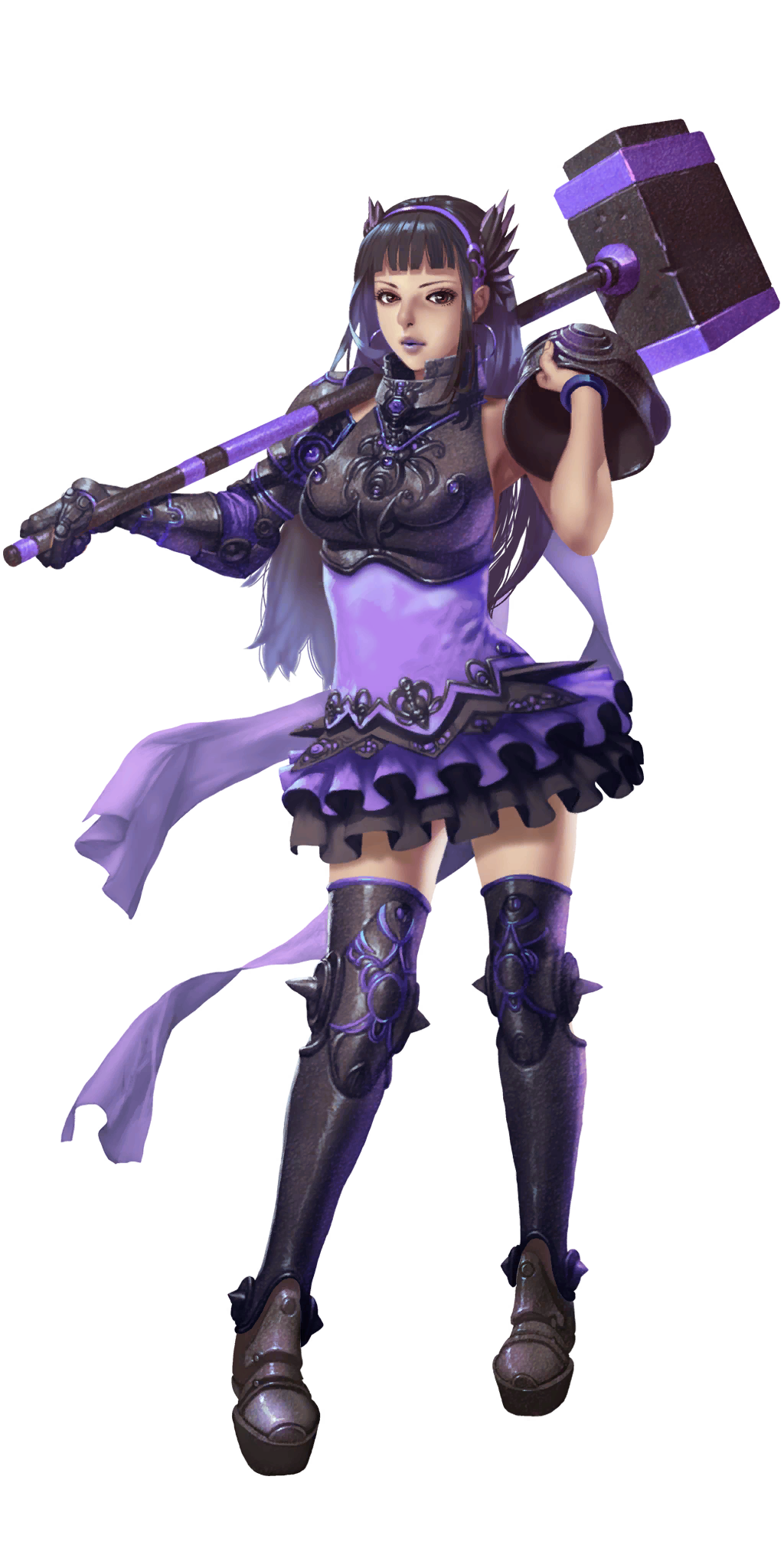 crystal maiden (series), artist request, bad source, game cg, highres, official art, third-party source, variant set, 1girl, asymmetrical sleeves, bracelet, breasts, earrings, full body, hammer, headband, holding, holding hammer, holding weapon, jewelry, kade (crystal maidens), long hair, looking at viewer, over shoulder, purple hair, purple lips, red eyes, skirt, solo, spikes, transparent background, weapon, weapon over shoulder
