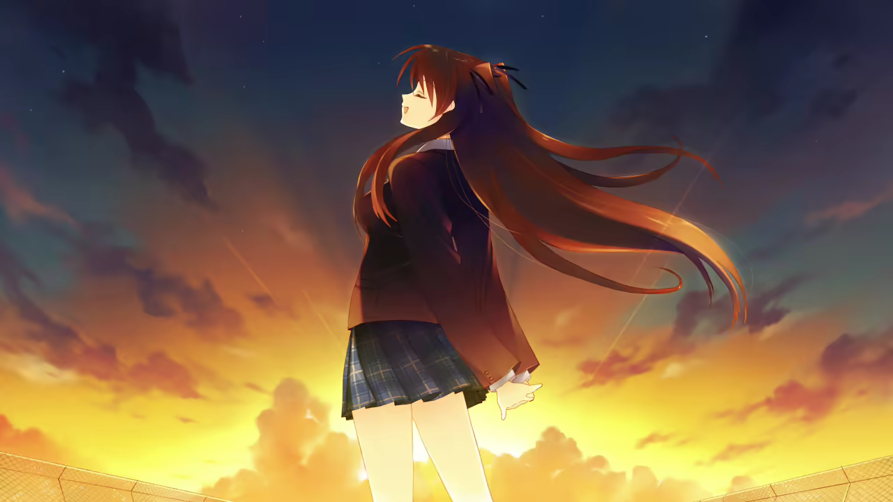 nakamura takeshi, ogiso setsuna, aquaplus, white album (series), white album 2, game cg, non-web source, 1girl, arms behind back, bare legs, blue skirt, bow, breasts, brown hair, closed eyes, cloud, hair bow, long hair, medium breasts, music, open mouth, plaid clothes, plaid skirt, rooftop, sailor, sailor collar, singing, skirt, sunset, twintails