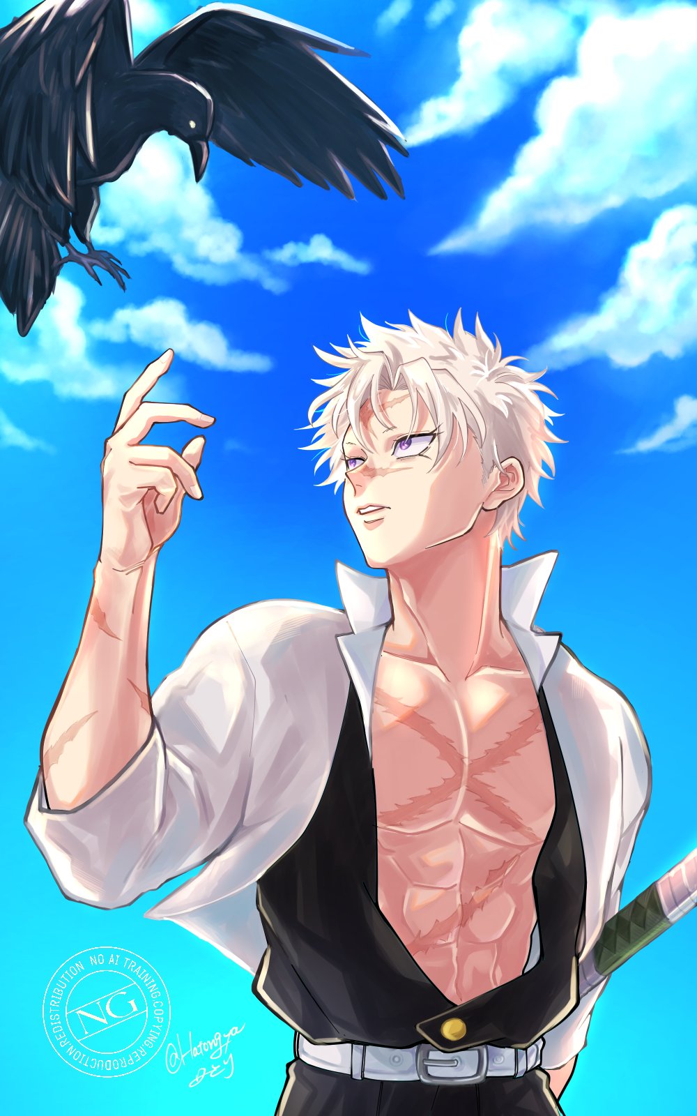 shinazugawa sanemi, kimetsu no yaiba, highres, 1boy, belt, bird, black jacket, black pants, blue sky, cloud, crow, hand up, hatongya, jacket, katana, looking at animal, looking up, male focus, open clothes, open jacket, outdoors, pants, parted lips, purple eyes, scar, scar on arm, scar on chest, scar on face, short hair, sky, solo, sourai (kimetsu no yaiba), spiked hair, sword, teeth, upper body, weapon, white belt, white hair