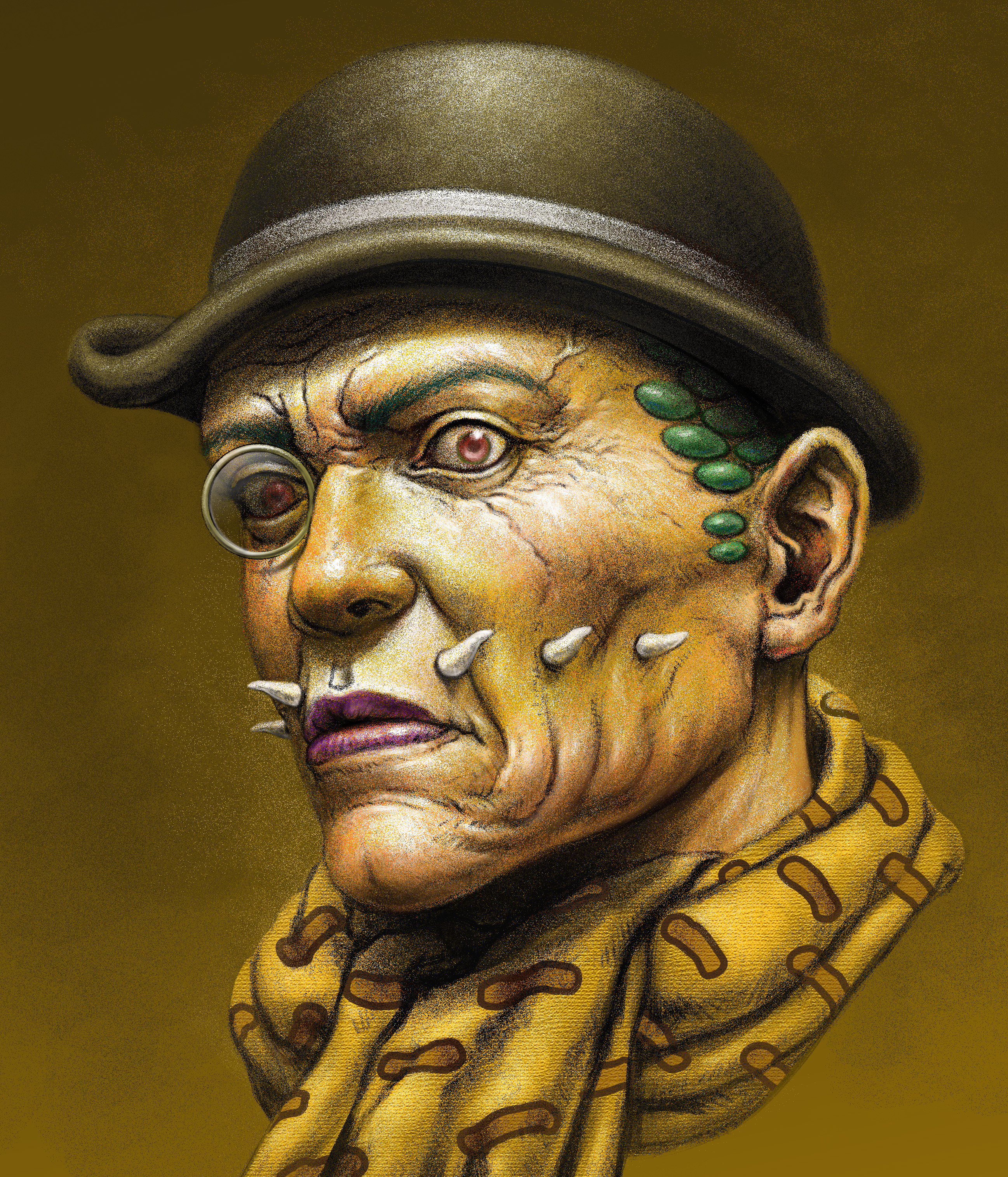 user zwnh8824, akefu satoru, wonder of u, jojo no kimyou na bouken, jojolion, absurdres, commentary request, highres, traditional media, 1other, black hat, bowler hat, brown background, brown scarf, cropped shoulders, green hair, hat, looking at viewer, monocle, old, old man, other focus, portrait, purple eyes, purple lips, scarf, solo, veins