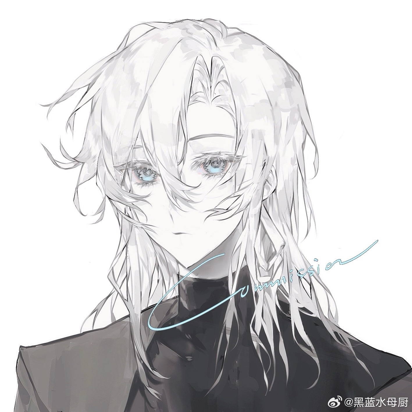 original, highres, 1boy, bishounen, black sweater, blue eyes, closed mouth, english text, expressionless, hair between eyes, heilanshuimuchu, jacket, long hair, looking at viewer, male focus, parted bangs, portrait, shirt, simple background, solo, sweater, turtleneck, upper body, white background, white hair