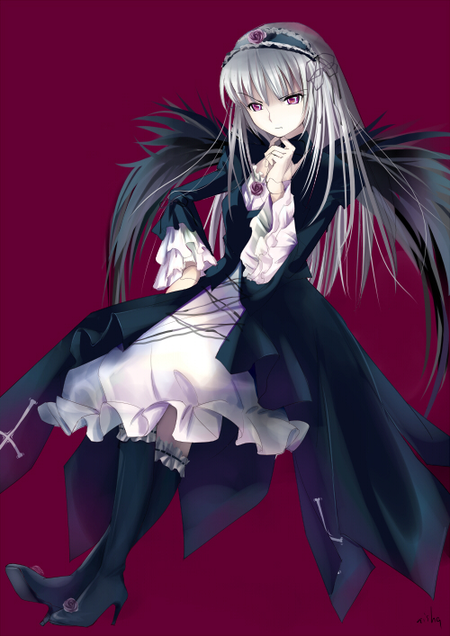 aisha callaaisha, suigintou, rozen maiden, silver hair, 00s, 1girl, crossed legs, female focus, full body, goth fashion, hand on own hip, high heels, hip focus, long hair, maid headdress, pale skin, purple eyes, raised eyebrow, red eyes, shoes, simple background, sitting, solo, wings