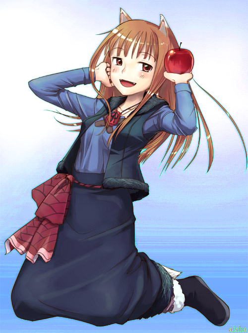 aisha callaaisha, holo, spice and wolf, 00s, 1girl, animal ears, apple, brown eyes, brown hair, female focus, food, fruit, holding, holding food, holding fruit, kneeling, long hair, solo, wolf ears