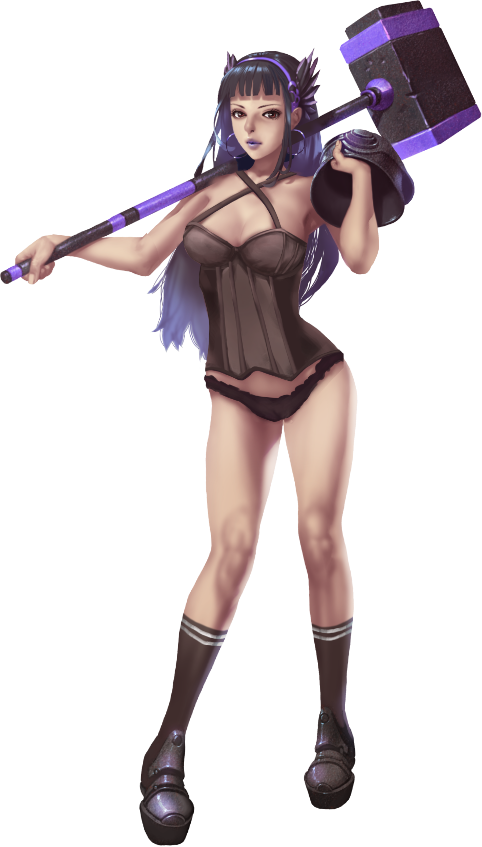 crystal maiden (series), artist request, game cg, official art, variant set, 1girl, bare arms, black socks, breasts, cleavage, earrings, full body, hammer, headband, holding, holding hammer, holding weapon, jewelry, kade (crystal maidens), long hair, looking at viewer, over shoulder, purple hair, purple lips, red eyes, socks, solo, transparent background, weapon, weapon over shoulder