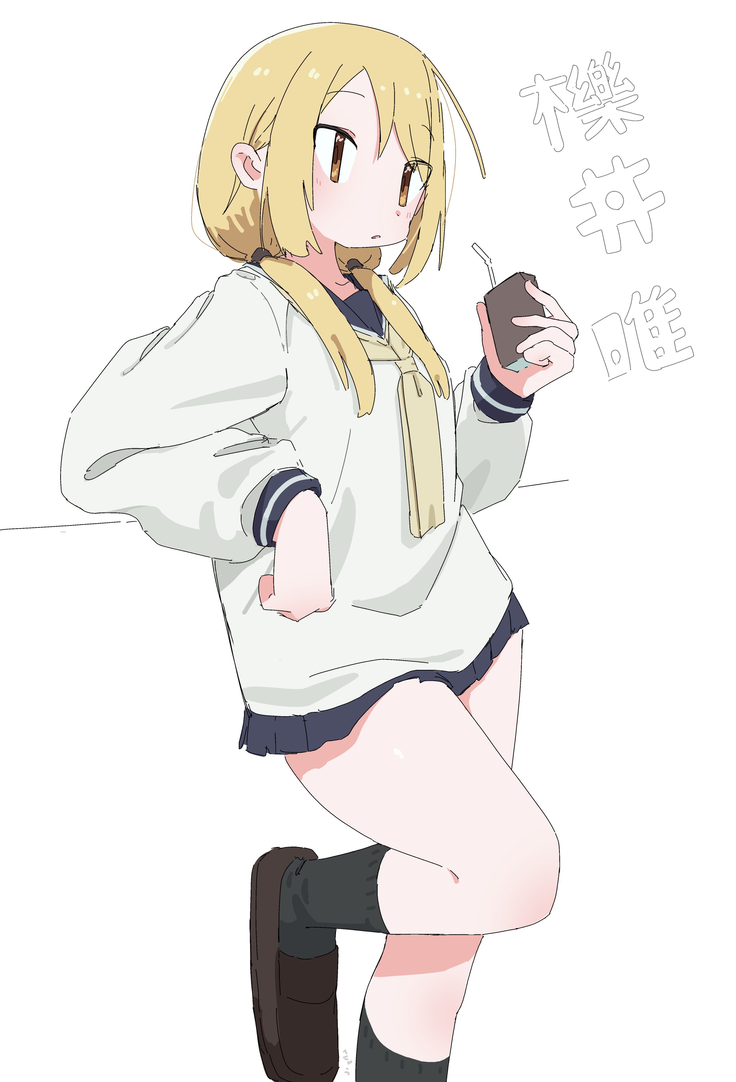 ichii yui, satsuki (kancolle), yuyushiki, absurdres, highres, 1girl, black skirt, blonde hair, blush, cellphone, hair tie, holding, holding phone, loafers, long hair, long sleeves, low twintails, nasubi 999, phone, pleated skirt, sailor collar, school uniform, serafuku, shoes, skirt, smartphone, socks, solo, striped background, twintails, yellow eyes